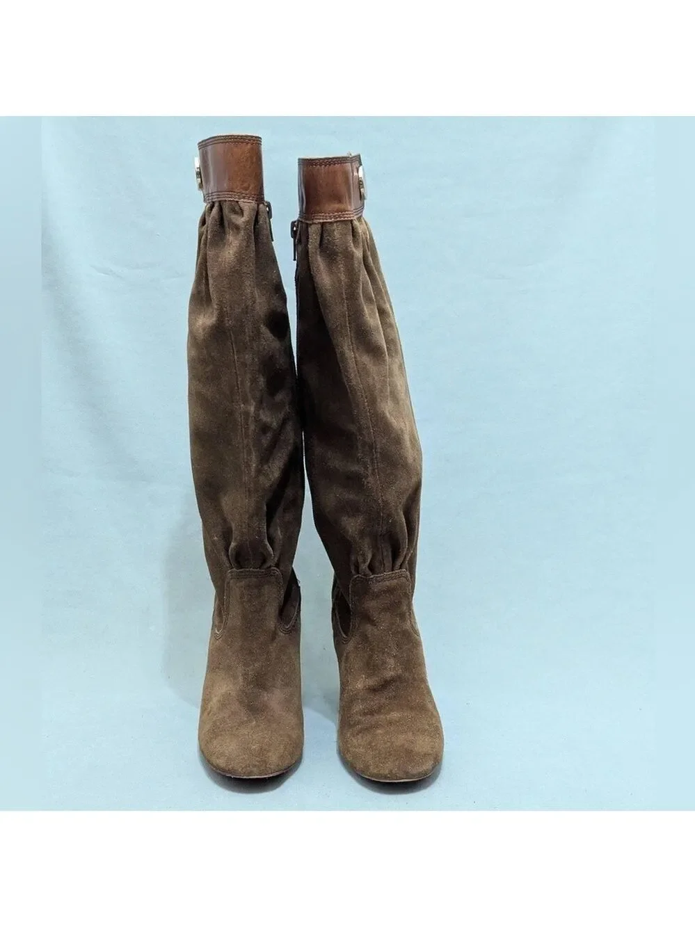 Michael Kors Boots Womens Knee-High Block High Heels Brown Suede Pleats Size 5.5